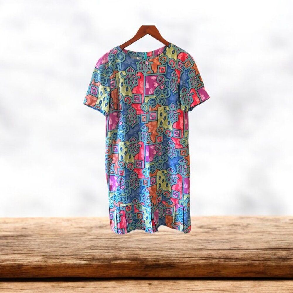Vintage Liz Claiborne Womens Silk Midi Dress Size 8 Colorful Geometric Y2K Retro